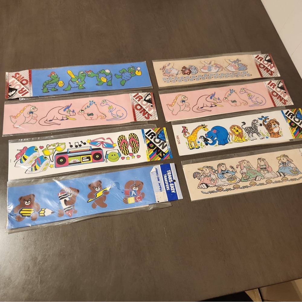 Vintage Bundle of 8 Trans-Easy Iron-On Transfers 80s 90s Designs Neon Dino Craft